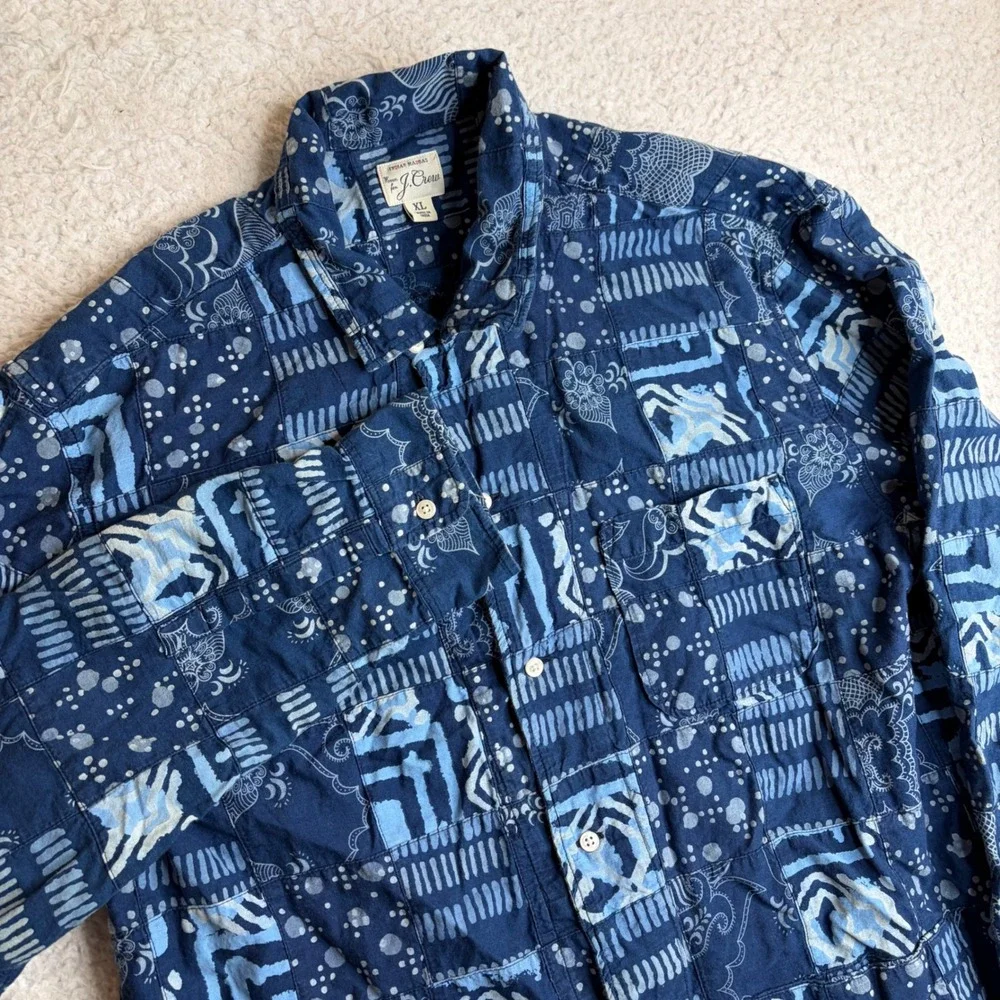 J. Crew Indian Madras Patchwork Indigo Blue Block Print Shirt XL BH694 SU22